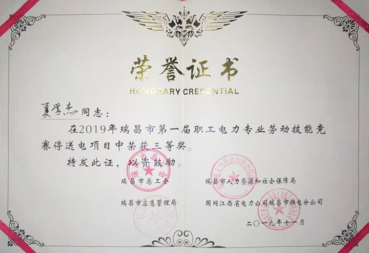 电力专业劳动技能竞赛“个人三等奖”(江西亚东) 电力专业劳动技能竞赛“个人三等奖”(江西亚东)