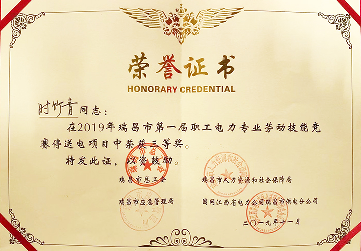 电力专业劳动技能竞赛“个人三等奖”(江西亚东) 电力专业劳动技能竞赛“个人三等奖”(江西亚东)